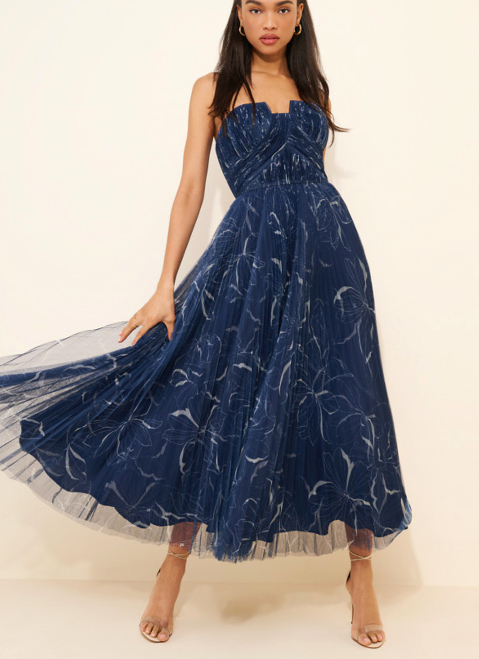 HUTCH ANTHROPOLOGIE NAVY TWO TONE FLORAL CORENE TULLE STRAPLESS MIDI DRESS SZ 8